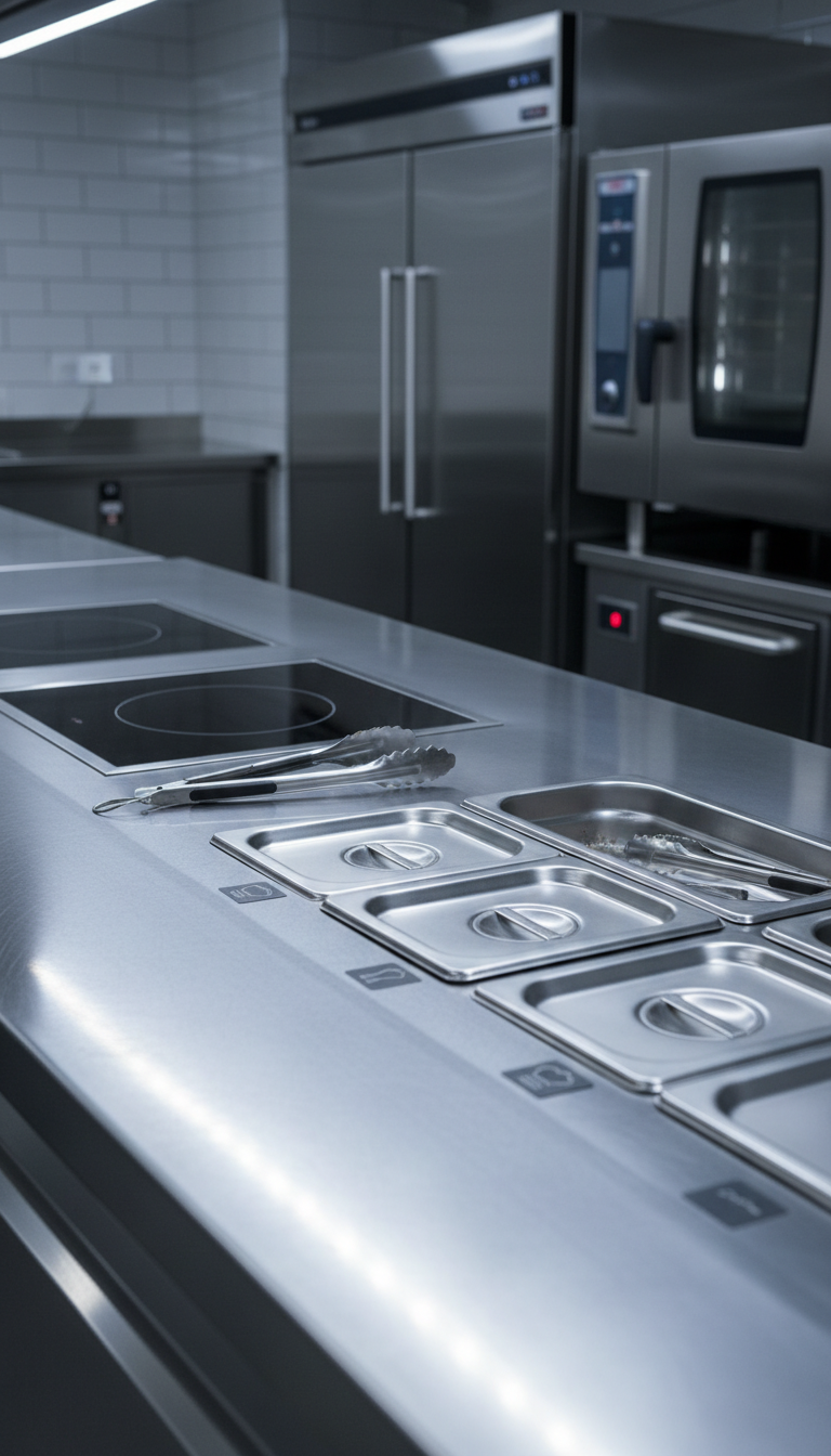 A close-up of a high-end brushed stainless steel commercial kitchen counter, precisely finished and spotless, with built-in induction stovetop and neatly organized modular compartments. The surface gleams under cool, overhead LED lighting, creating crisp highlights along the straight edges and casting minimal shadows for a surgical cleanliness. In the background, out-of-focus metallic kitchen appliances and a neutral-toned backsplash create depth without distraction. Photographed from a slightly elevated angle with sharp focus throughout, the image conveys a sense of quality, efficiency, and professionalism. The mood is calm and pristine, echoing the structured, corporate atmosphere of the site.